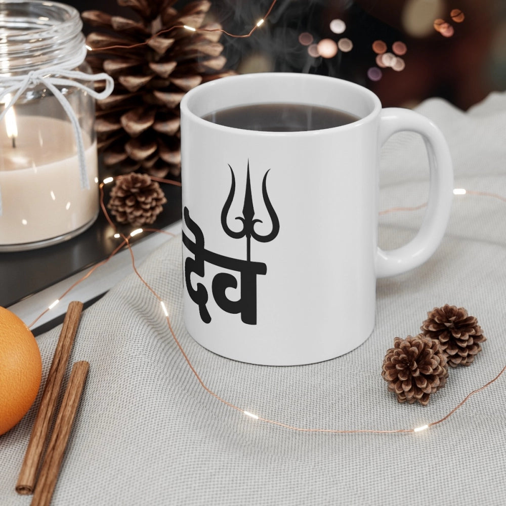 Aura Living Gear Ceramic Har Har Mahadev Printed Coffee Mug (Color: White, Capacity:330ml)