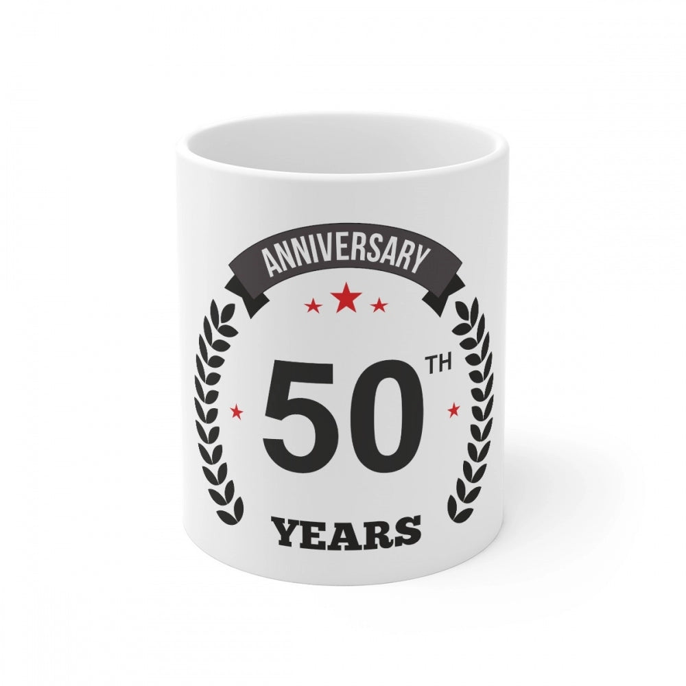 Aura Living Gear Ceramic 50th Anniversary Printed Coffee Mug (Color: White, Capacity:330ml)