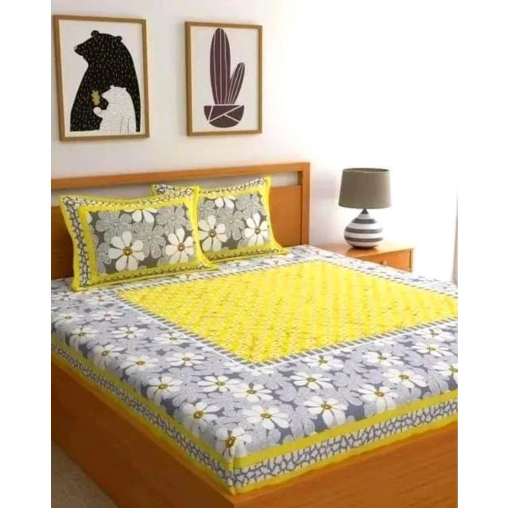 Aura Living Gear Cotton Printed Queen Size Bedsheet With 2 Pillow Covers (Yellow, 90x100 Inch)