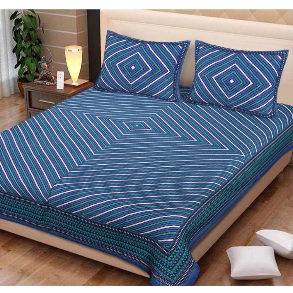 Aura Living Gear Cotton Printed Queen Size Bedsheet With 2 Pillow Covers (Blue, 90x100 Inch)