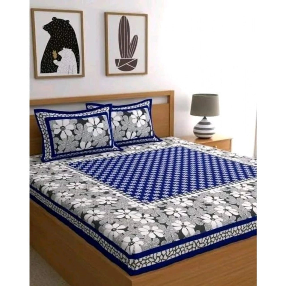 Aura Living Gear Cotton Printed Queen Size Bedsheet With 2 Pillow Covers (Blue, 90x100 Inch)