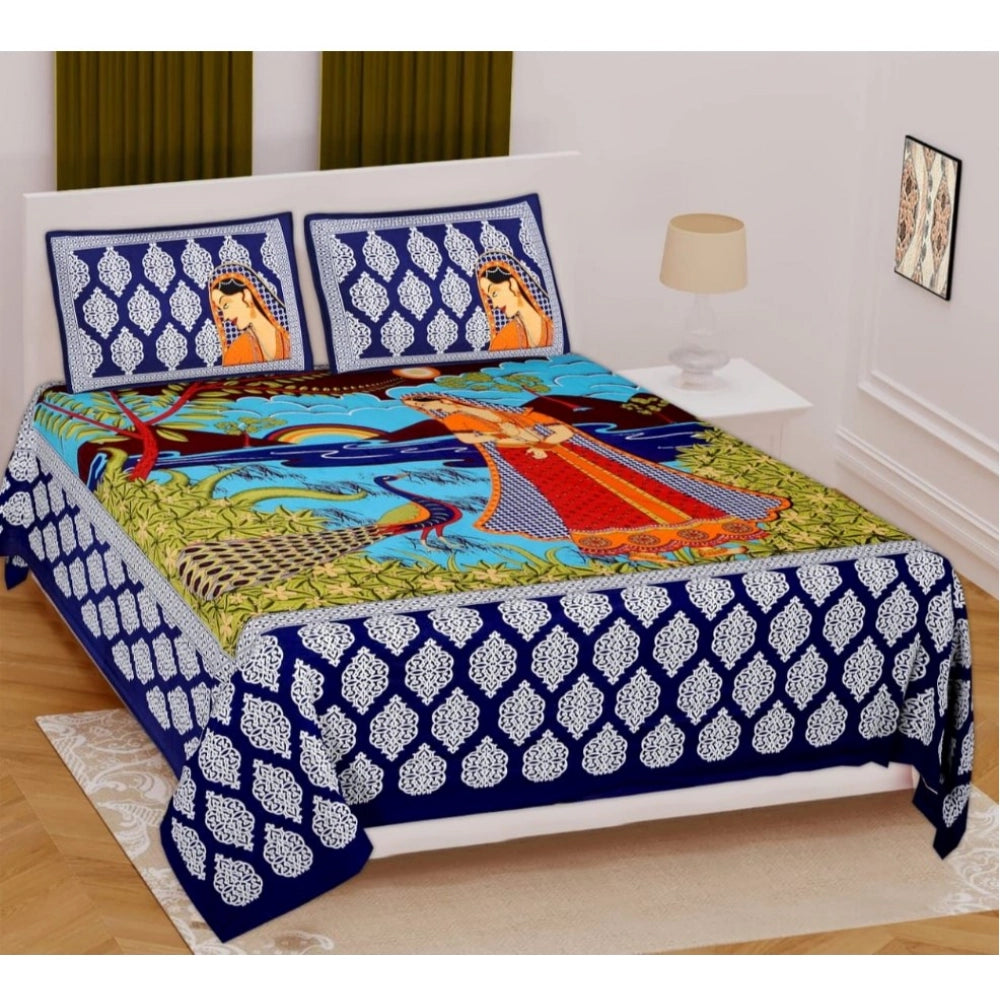 Aura Living Gear Cotton Printed Queen Size Bedsheet With 2 Pillow Covers (Blue, 90x100 Inch)
