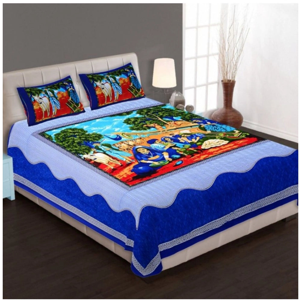 Aura Living Gear Cotton Printed Queen Size Bedsheet With 2 Pillow Covers (Blue, 90x100 Inch)