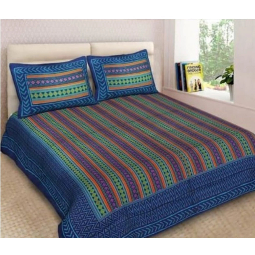 Aura Living Gear Cotton Printed Queen Size Bedsheet With 2 Pillow Covers (Blue, 90x100 Inch)