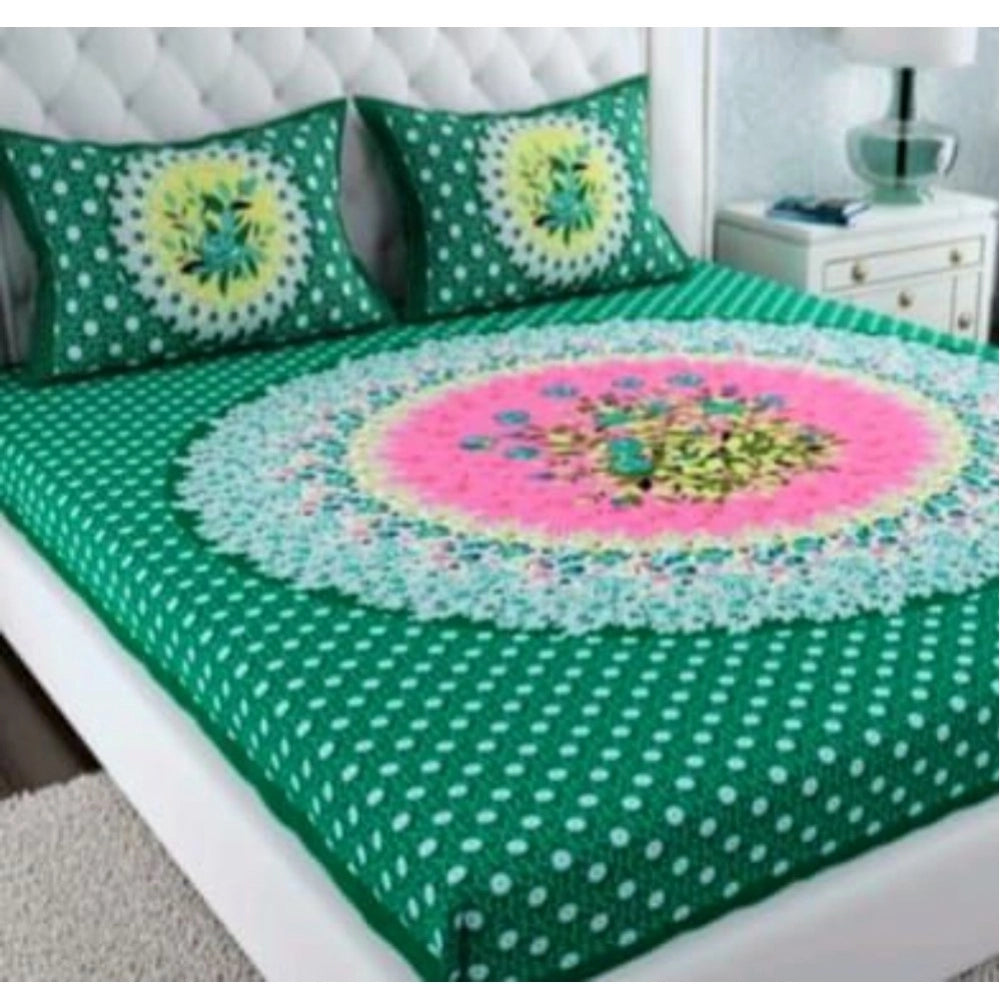 Aura Living Gear Cotton Printed Queen Size Bedsheet With 2 Pillow Covers (Green, 90x100 Inch)
