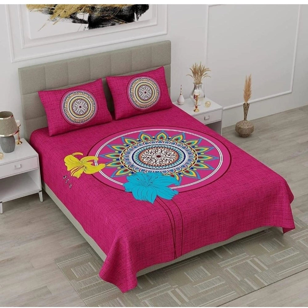 Aura Living Gear Cotton Printed Queen Size Bedsheet With 2 Pillow Covers (Pink, 90x100 Inch)
