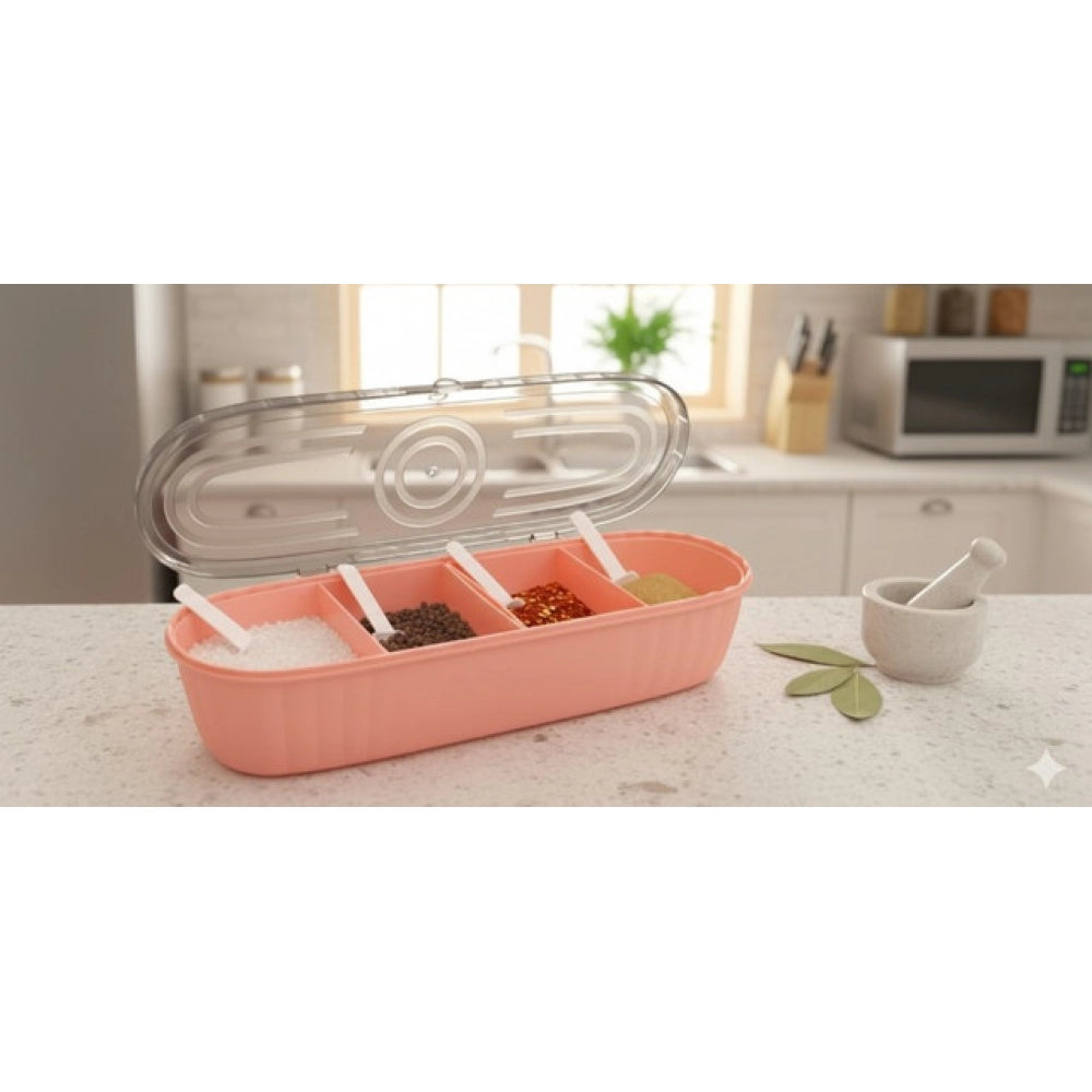 Aura Living Gear Plastic 4 Grid Design Made In India Container with Spoon (Multicolor)