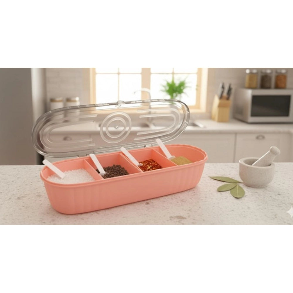 Aura Living Gear Plastic 4 Grid Design Made In India Container with Spoon (Multicolor)