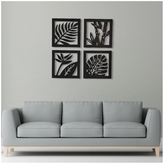 Generic 7 Decore Wooden 4 Pieces Square Tree Leaf Wall Art Panel Frame – Black (Big Size)
