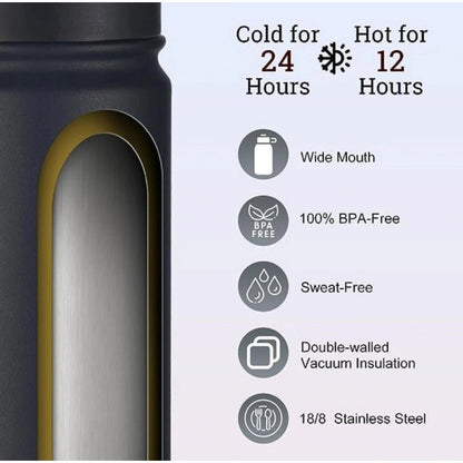 Generic 650 Ml Double Wall Insulated Stainless Steel Water Bottle With Screw Lid (Black) - Aura Living Gear