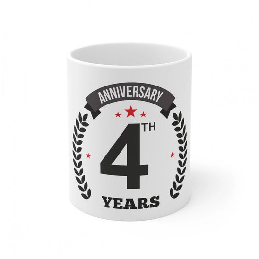 Generic Ceramic 4th Anniversary Printed Coffee Mug (Color: White, Capacity:330ml) - Aura Living Gear